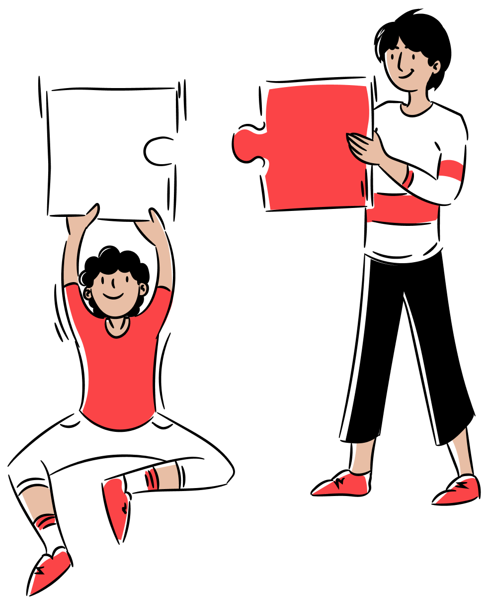 Two people fitting large puzzle pieces together